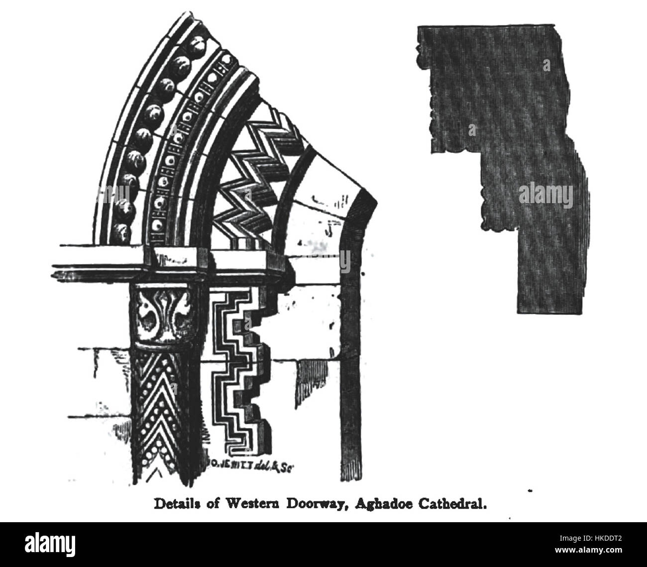 Le détail de la porte ouest de la cathédrale d'Aghadoe, peinte en 1892, met en valeur des pierres complexes et une conception architecturale. Les éléments de renaissance gothique reflètent l'importance de l'architecture religieuse à l'époque, mettant en valeur l'artisanat détaillé et la préservation historique. Banque D'Images