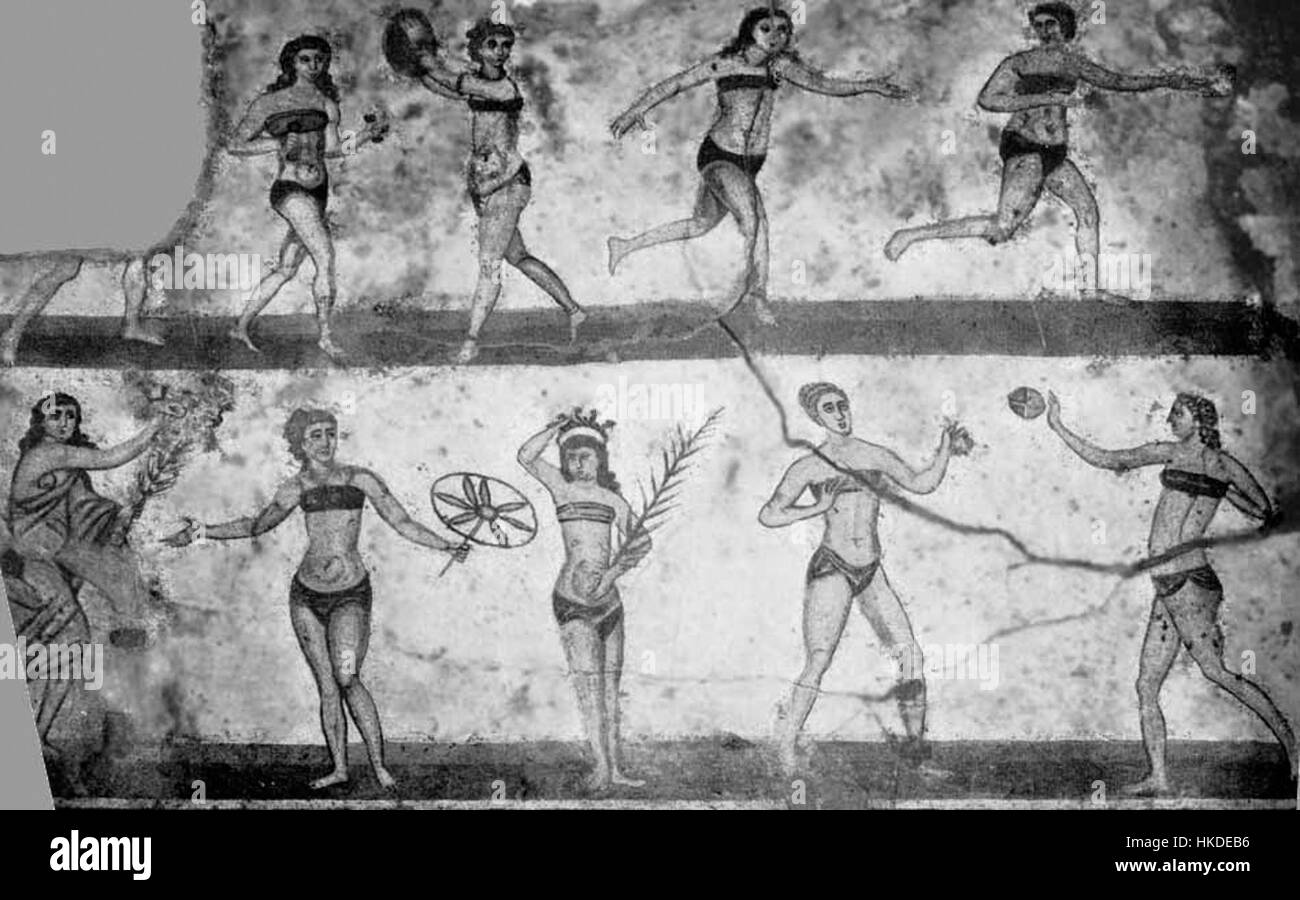 Cette œuvre d'art intitulée 'Armerina' est une peinture à l'huile complexe représentant une scène historique, faisant probablement référence à l'ancienne villa romaine de Piazza Armerina. La pièce capture le dynamisme et le détail des célèbres mosaïques de la villa, mettant en valeur le savoir-faire élaboré des artisans anciens. Banque D'Images