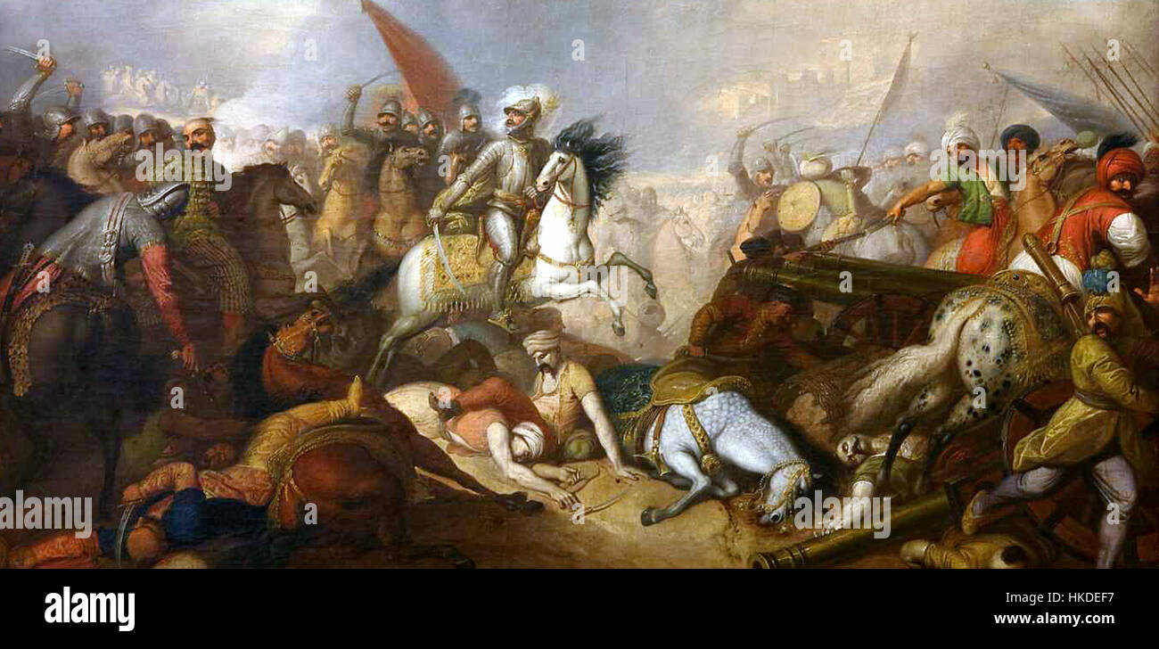 La bataille de Khotyn (1673) est un conflit important entre le Commonwealth polono-lituanien et l'Empire ottoman. Cette œuvre représente le moment charnière de la bataille, illustrant la stratégie militaire et la guerre historique. Banque D'Images