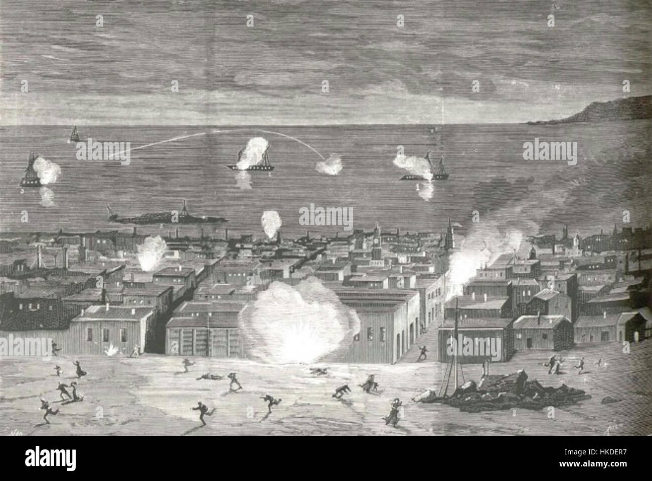 Le 'Bloqueo de Iquique' a été un événement charnière pendant la guerre du Pacifique le 16 juillet 1879. Le blocus du port d'Iquique a été un conflit naval important qui a eu un impact sur le cours de la guerre, impliquant les forces chiliennes et péruviennes. Banque D'Images