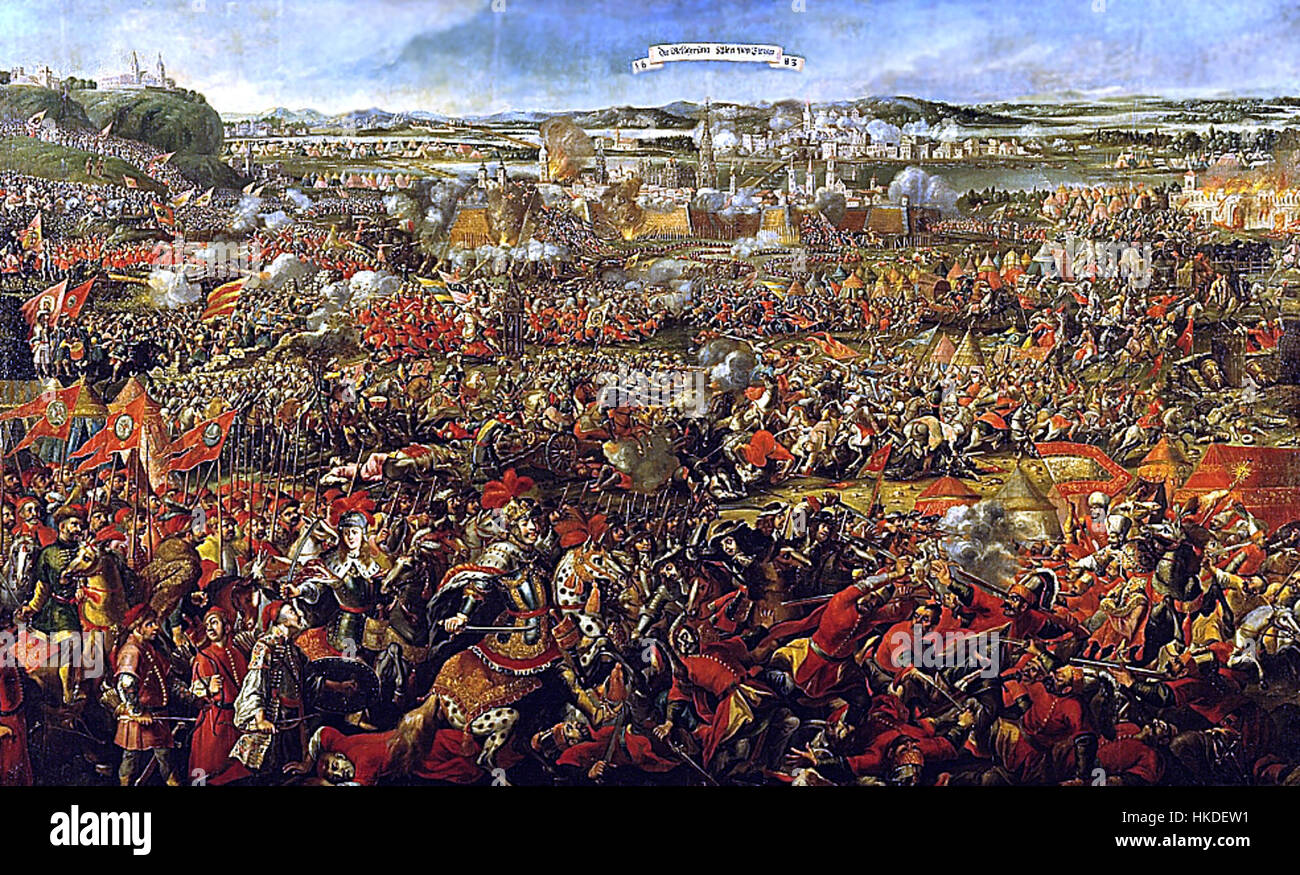 La bataille de Vienne, livrée en 1683, fut un conflit clé entre l'Empire ottoman et les forces européennes, marquant un tournant dans l'avancée ottomane en Europe. L'œuvre d'art capture l'intensité et l'ampleur de la bataille, qui a été essentielle pour l'histoire européenne. Banque D'Images