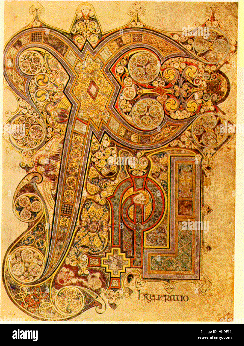Le *Livre de Kells* est un manuscrit enluminé, et ce folio de la section ChiRho illustre une iconographie chrétienne complexe. Le manuscrit est un exemple clé de l'artisanat irlandais médiéval et chrétien compris Banque D'Images