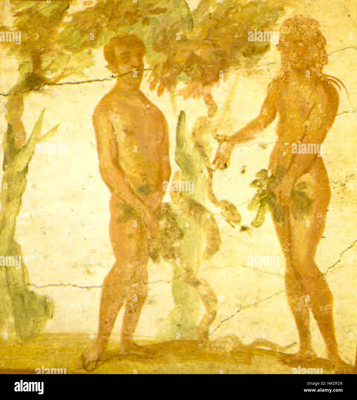 Une représentation artistique d'Adam et Ève, explorant l'histoire biblique de la création dans un style de peinture traditionnel, une représentation classique du récit biblique. Banque D'Images