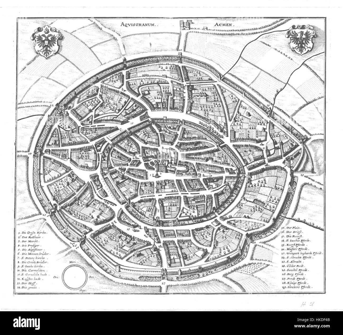 Cette vue de 1645 d'Aix-la-Chapelle, intitulée 'Stadtansicht Merian', est une gravure de Matthäus Merian, représentant la disposition et l'architecture de la ville allemande. La gravure détaillée offre un aperçu historique des structures et du paysage urbain de la ville au XVIIe siècle. Banque D'Images