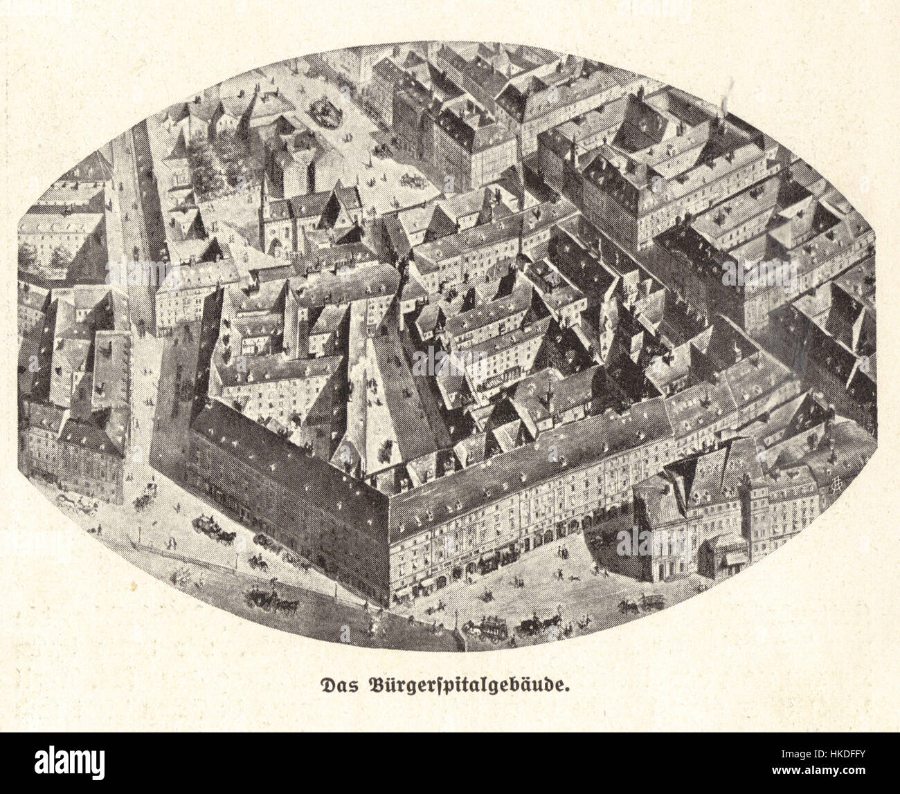 Une vieille peinture représentant le Buergerspital à Vienne, mettant en valeur la grandeur architecturale et l'importance historique du bâtiment. Le Buergerspital était une institution importante dans le secteur de la santé et de la charité à Vienne. Banque D'Images