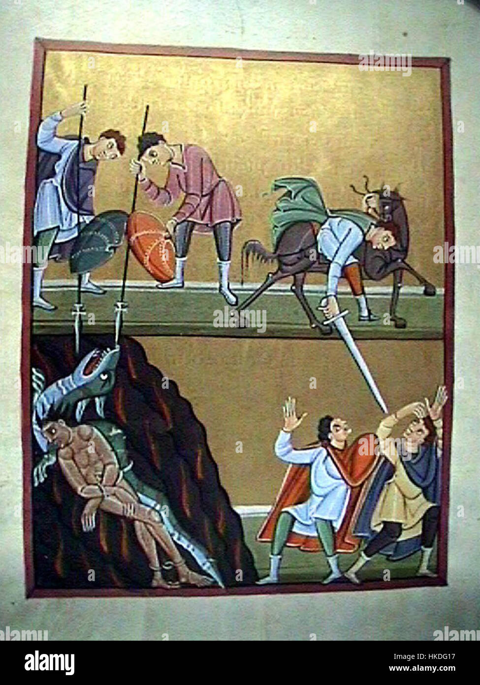 Une page du manuscrit de l'Apocalypse de Bamberg illustre la « prise de la Bête », une représentation vivante des visions apocalyptiques du Livre de l'Apocalypse, créé au XIe siècle avec des détails complexes. Banque D'Images