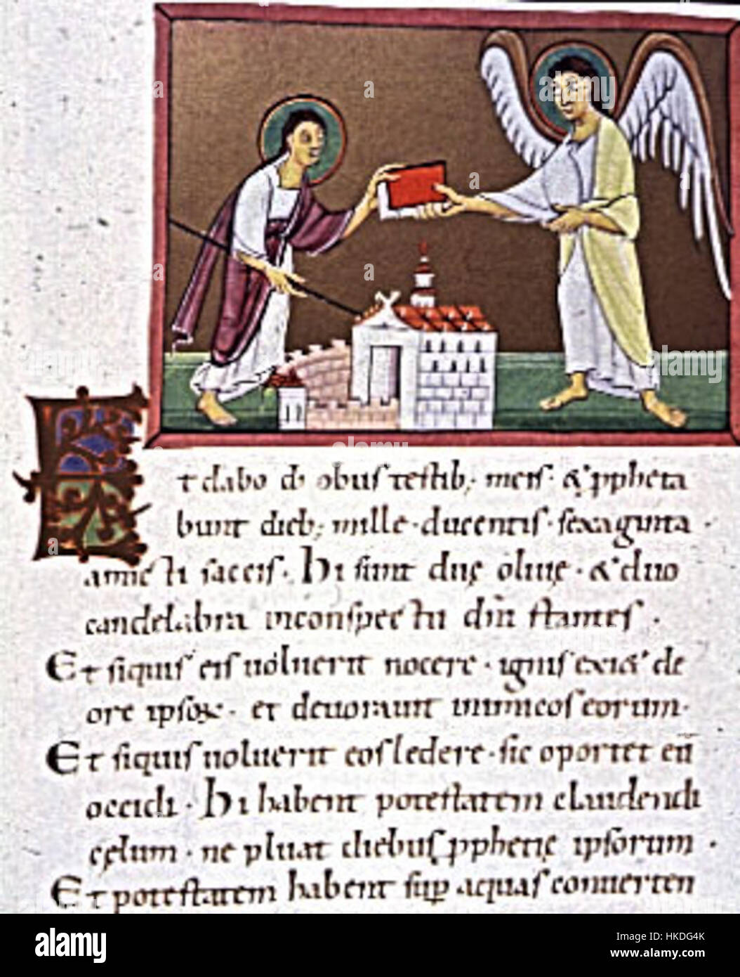 Un détail de l'Apocalypse de Bamberg, montrant une figure de membre John tenant un livre et une baguette. Ce manuscrit enluminé, datant du XIe siècle, est connu pour sa représentation vivante des événements bibliques et des visions apocalyptiques. Banque D'Images