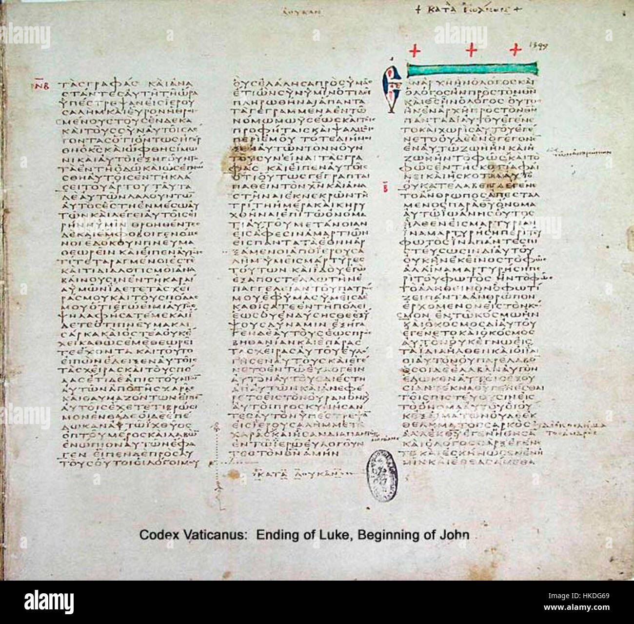 Le Codex Vaticanus est l'un des plus anciens manuscrits bibliques connus, avec l'image montrant la fin de l'Évangile de Luc, reflétant son importance dans l'histoire textuelle chrétienne. Banque D'Images