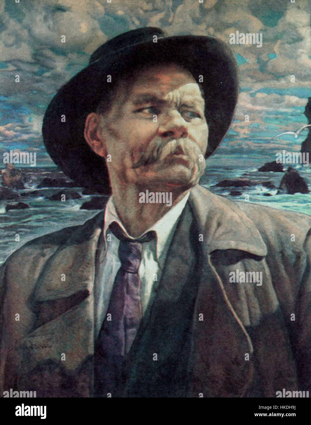 Ce portrait de 1937 de l'écrivain russe Maxim Gorki, peint par Isaak Brodsky, capture la stature intellectuelle de la figure littéraire. Le style réaliste de Brodsky souligne les expressions profondes de Gorki, reflétant son impact sur la littérature et la société russes. Banque D'Images