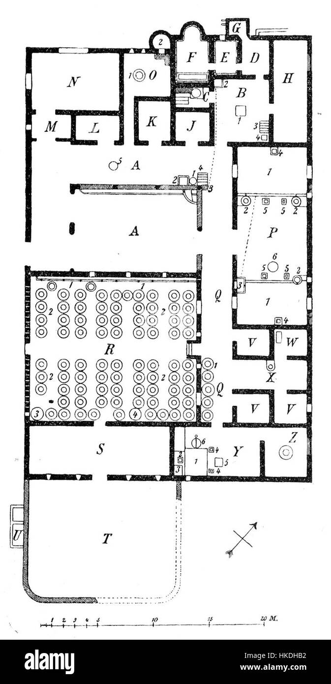 Cette œuvre d'art historique représente le plan de la Villa Boscoreale, une ancienne villa romaine près de Pompéi. Le plan illustre la disposition et les caractéristiques architecturales de la villa, donnant un aperçu de la conception résidentielle romaine. Banque D'Images