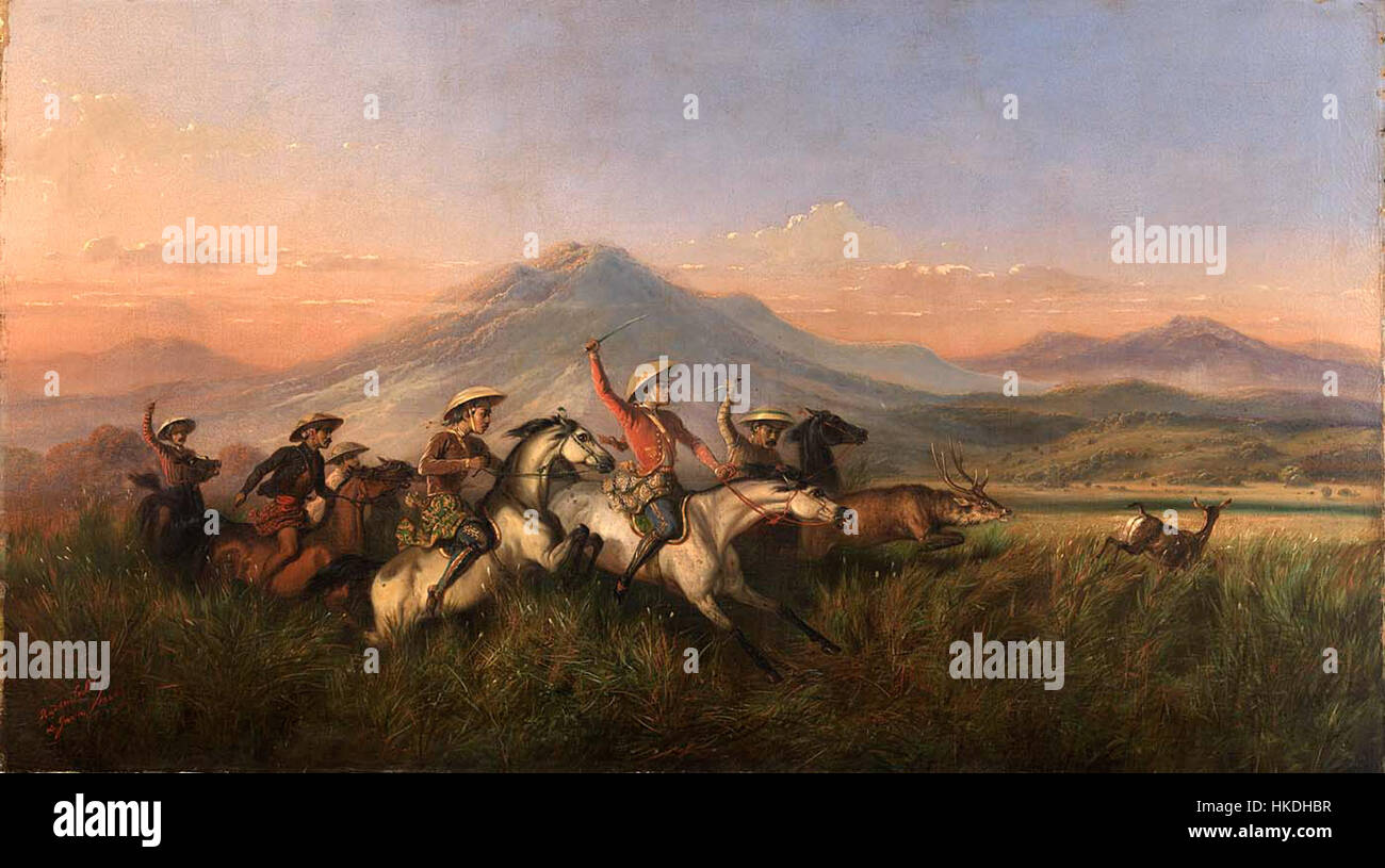 Une peinture de Raden Saleh de 1860 représentant six cavaliers à la poursuite d'un cerf, mettant en valeur le mouvement dynamique et l'environnement naturel. Banque D'Images