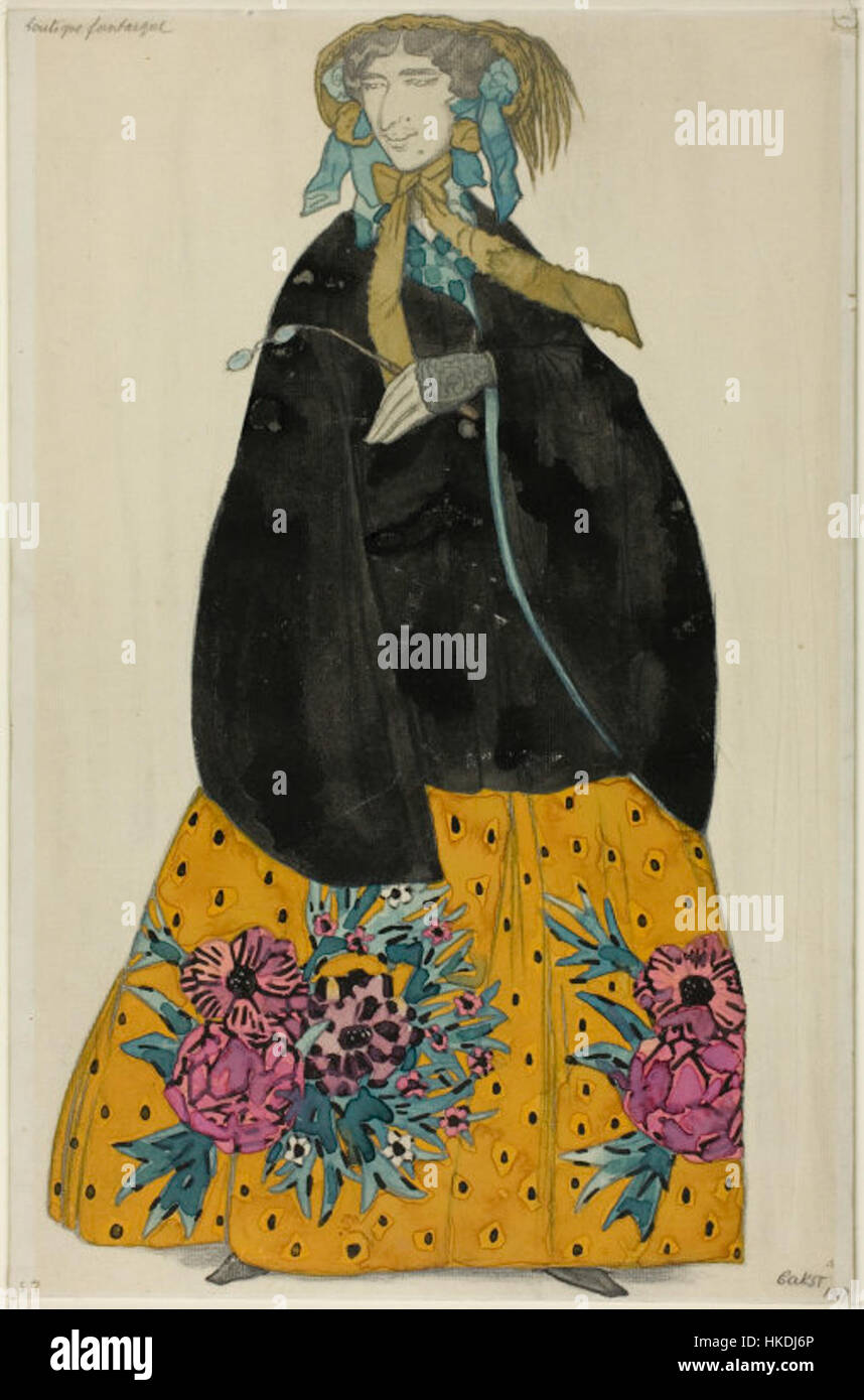 'La boutique fantastique' de Léon Bakst est un design vibrant et coloré pour une production théâtrale, capturant les éléments dramatiques et fantastiques de la scène. La peinture est connue pour son utilisation audacieuse de la couleur et des figures stylisées. Banque D'Images