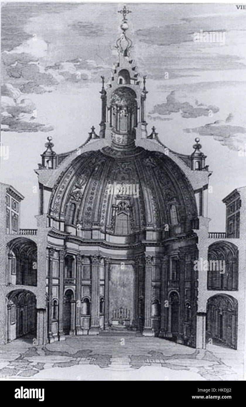 Ce dessin de Borromini de Sant'Ivo représente une conception détaillée de l'architecture complexe de l'église, mettant en valeur le style baroque innovant qui caractérise une grande partie de son travail à Rome du XVIIe siècle. Banque D'Images