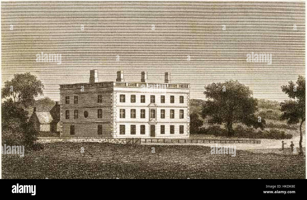 Alfreton Hall, une maison de campagne historique anglaise dans le Derbyshire, en Angleterre, est représentée dans une peinture présentant son architecture géorgienne et ses environs. Banque D'Images