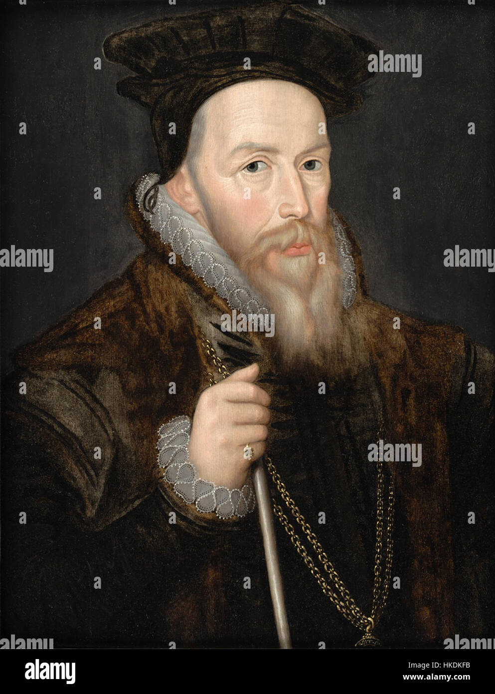 Ce portrait représente William Cecil, Lord Burghley, une figure politique clé sous le règne de la reine Elizabeth I. le tableau souligne son rôle dans la politique anglaise en mettant l'accent sur son apparence digne et son statut d'un des conseillers les plus dignes de confiance de la reine. Banque D'Images
