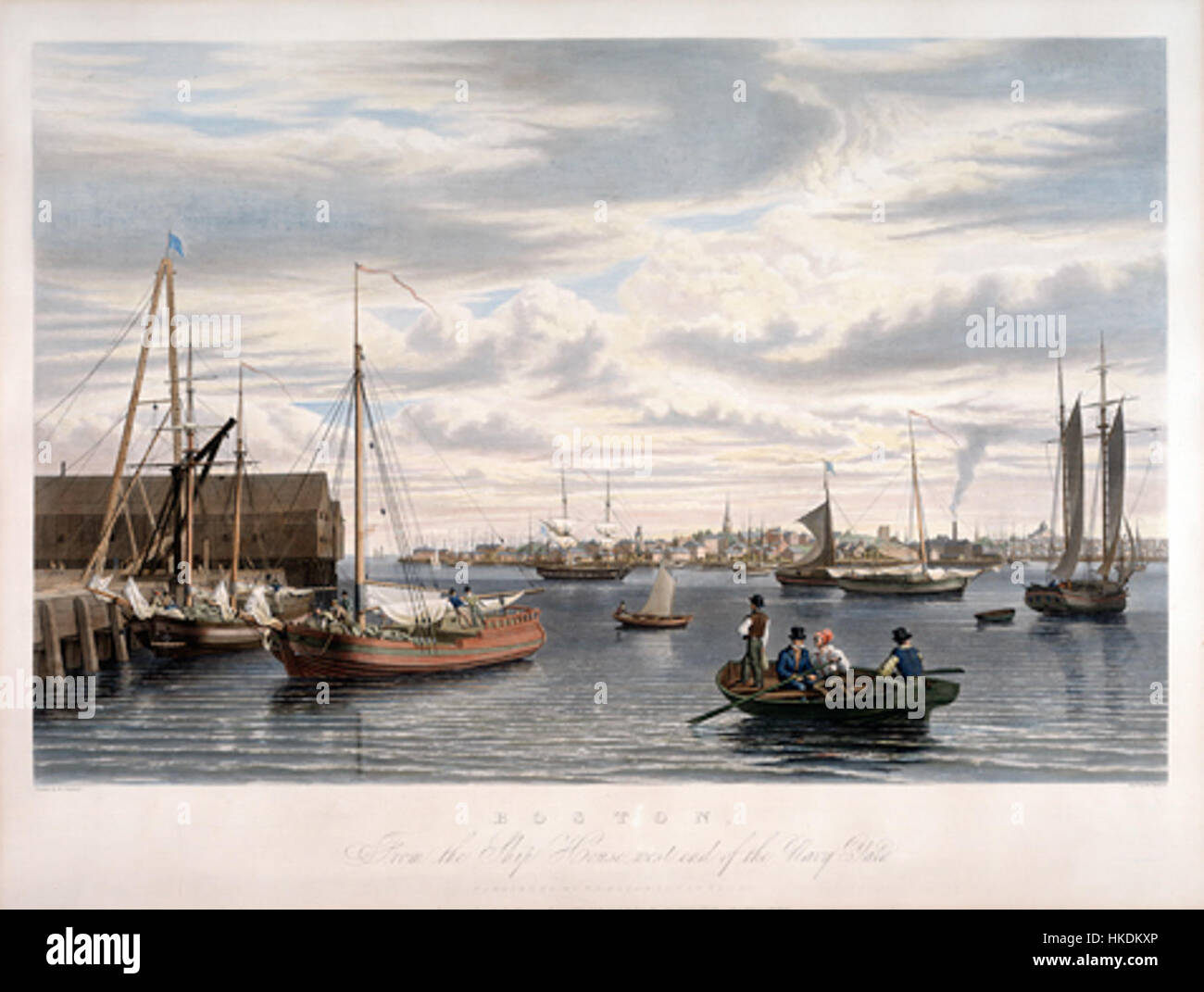 Cette peinture de 1833 de Bennett montre une vue de Boston depuis le Navy Yard, capturant le paysage maritime du début du XIXe siècle avec des navires historiques amarrés dans le port. Banque D'Images