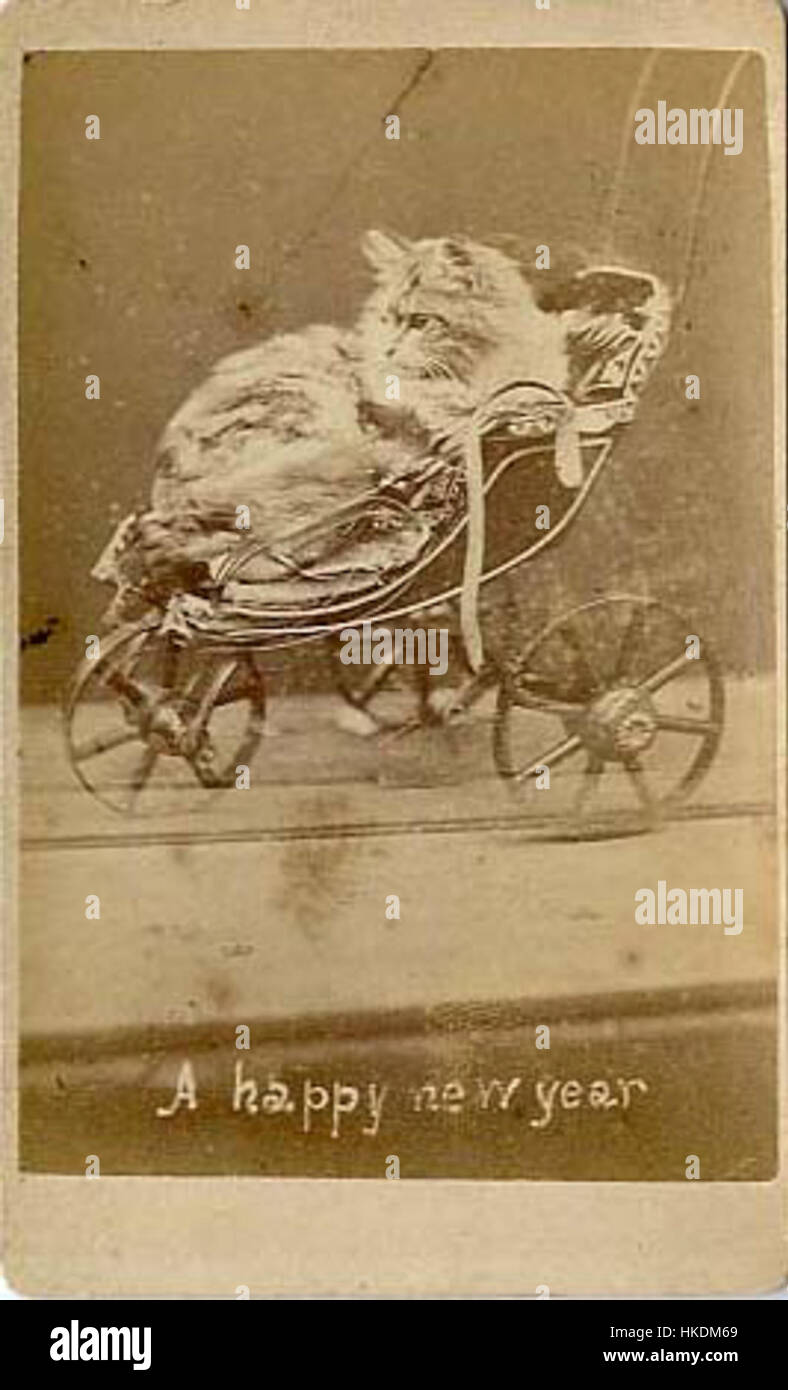 Une œuvre d'art vintage mettant en vedette un chat comme motif du nouvel an, symbolisant probablement la bonne fortune ou la prospérité. La pièce mélange des styles artistiques historiques avec un thème moderne pour les vacances. Banque D'Images