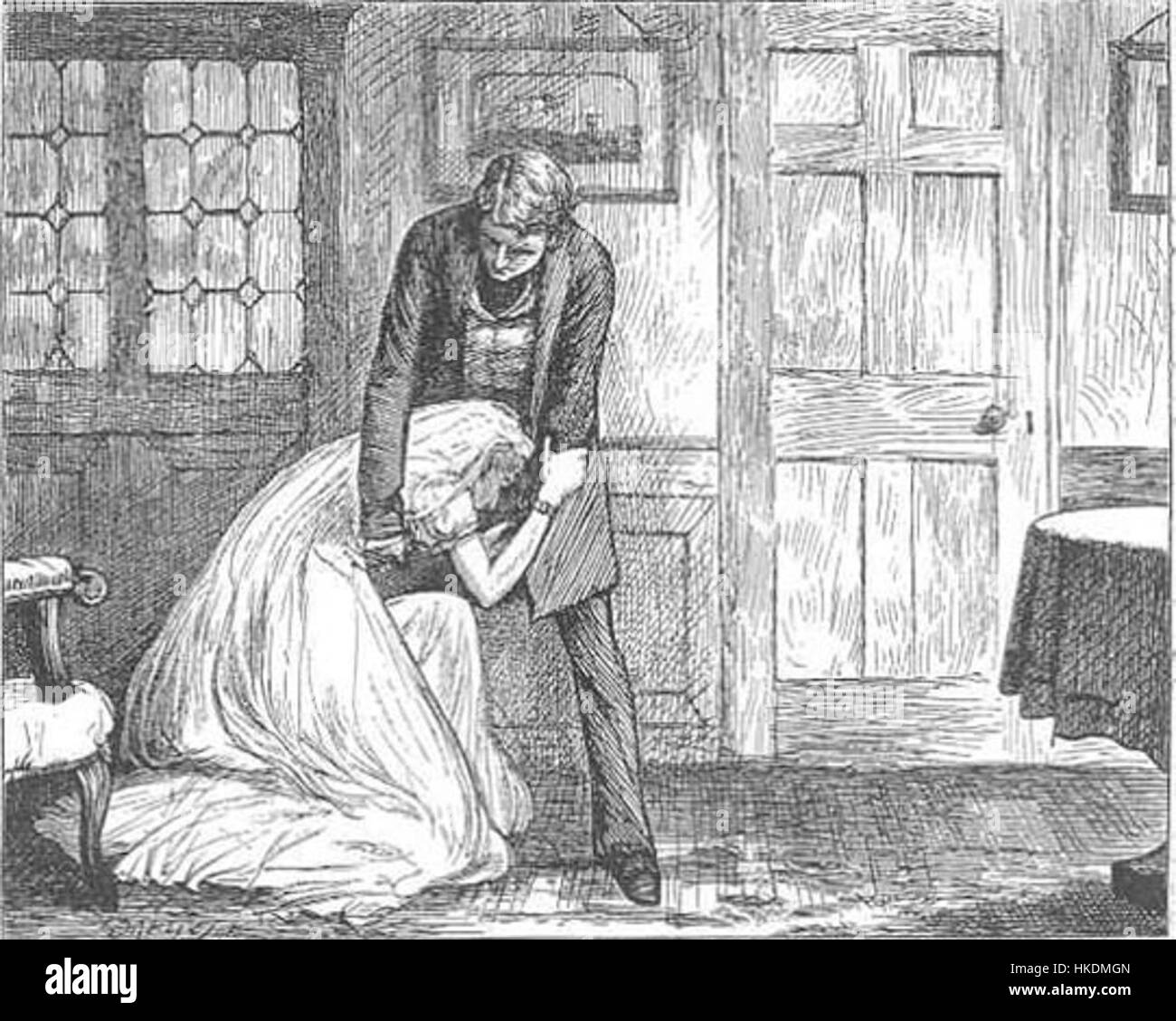 Cette illustration de F.A. Fraser, créée vers 1877, représente le personnage de Miss Havisham de "Great Expectations" de Charles Dickens, la montrant dans un moment de vulnérabilité émotionnelle alors qu'elle demande pardon. La scène capture l'atmosphère gothique du roman. Banque D'Images