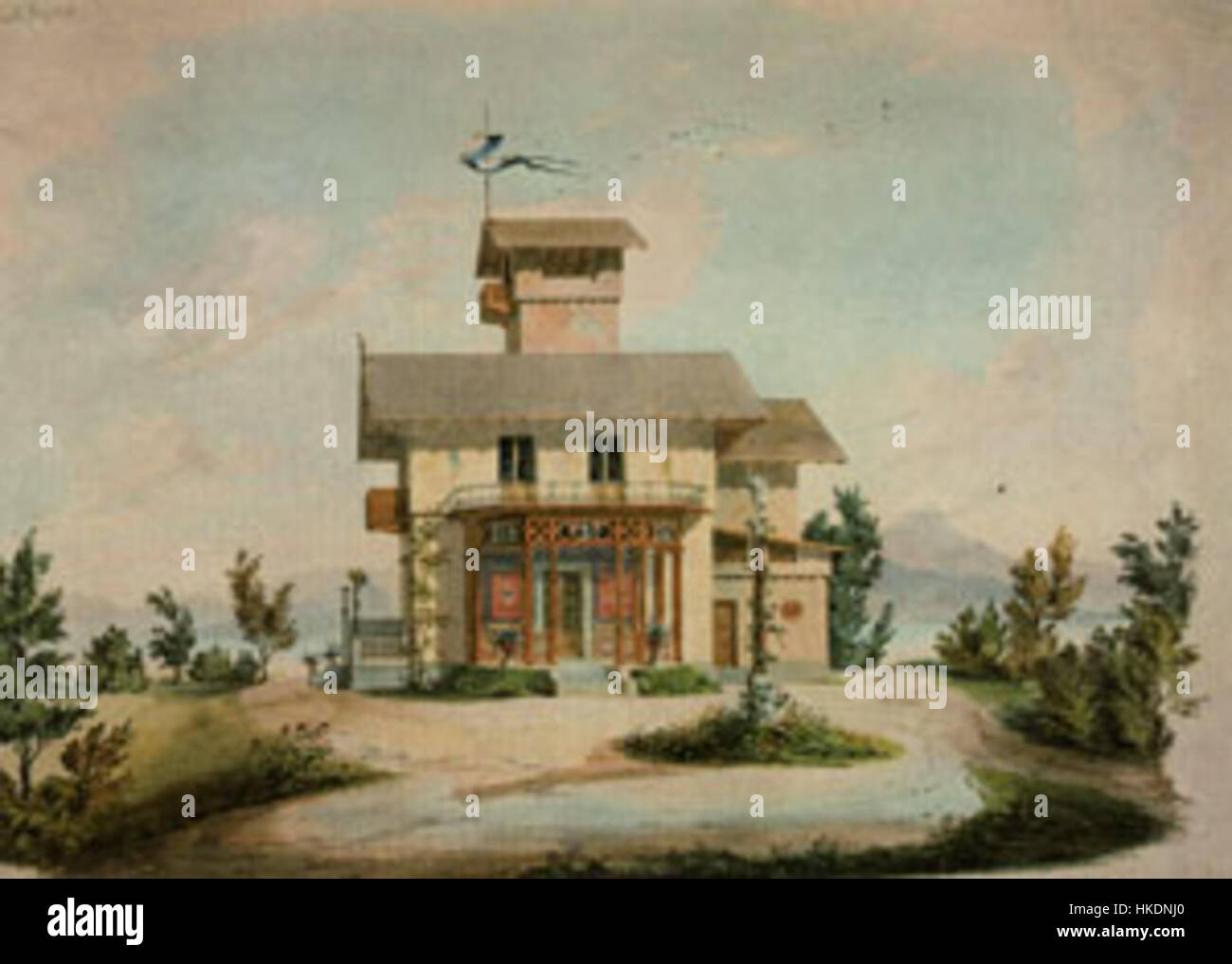 Le 'Roseninsel Casino Kreuter', créé vers 1850, dépeint une scène élégante d'un casino de Roseninsel, reflétant la culture des loisirs et la conception architecturale européennes du XIXe siècle. Banque D'Images