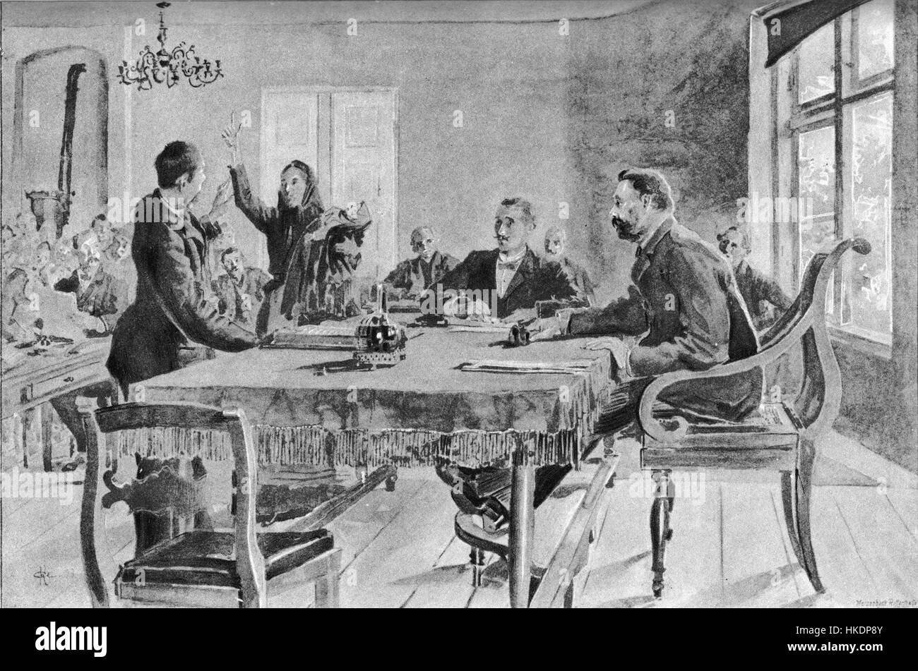 Une représentation dramatique d'un procès de paternité, mettant l'accent sur les implications émotionnelles et juridiques de l'affaire. La peinture explore les thèmes de la famille, de la confiance et de la justice au sein de la société historique. Banque D'Images