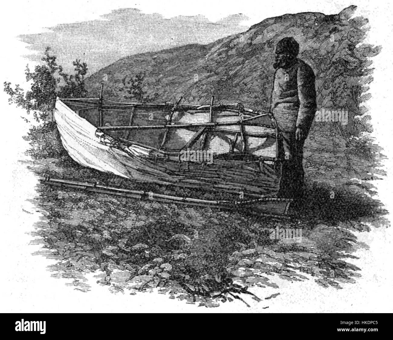 Cette œuvre d'Otto Sverdrup montre le célèbre explorateur norvégien construisant un bateau lors d'une de ses expéditions polaires. L’image symbolise la résilience et l’ingéniosité requises pour l’exploration arctique à la fin du XIXe siècle. Banque D'Images