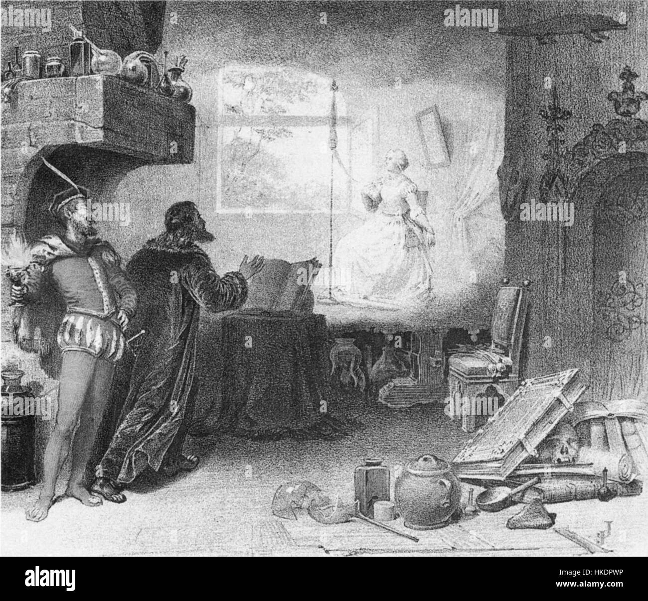 Cette lithographie de 1864 représente l'acte 1 de l'opéra de Gounod 'Faust' à Covent Garden. Le tirage capture une scène du célèbre opéra, mettant en valeur la performance théâtrale et la grandeur du décor. Banque D'Images
