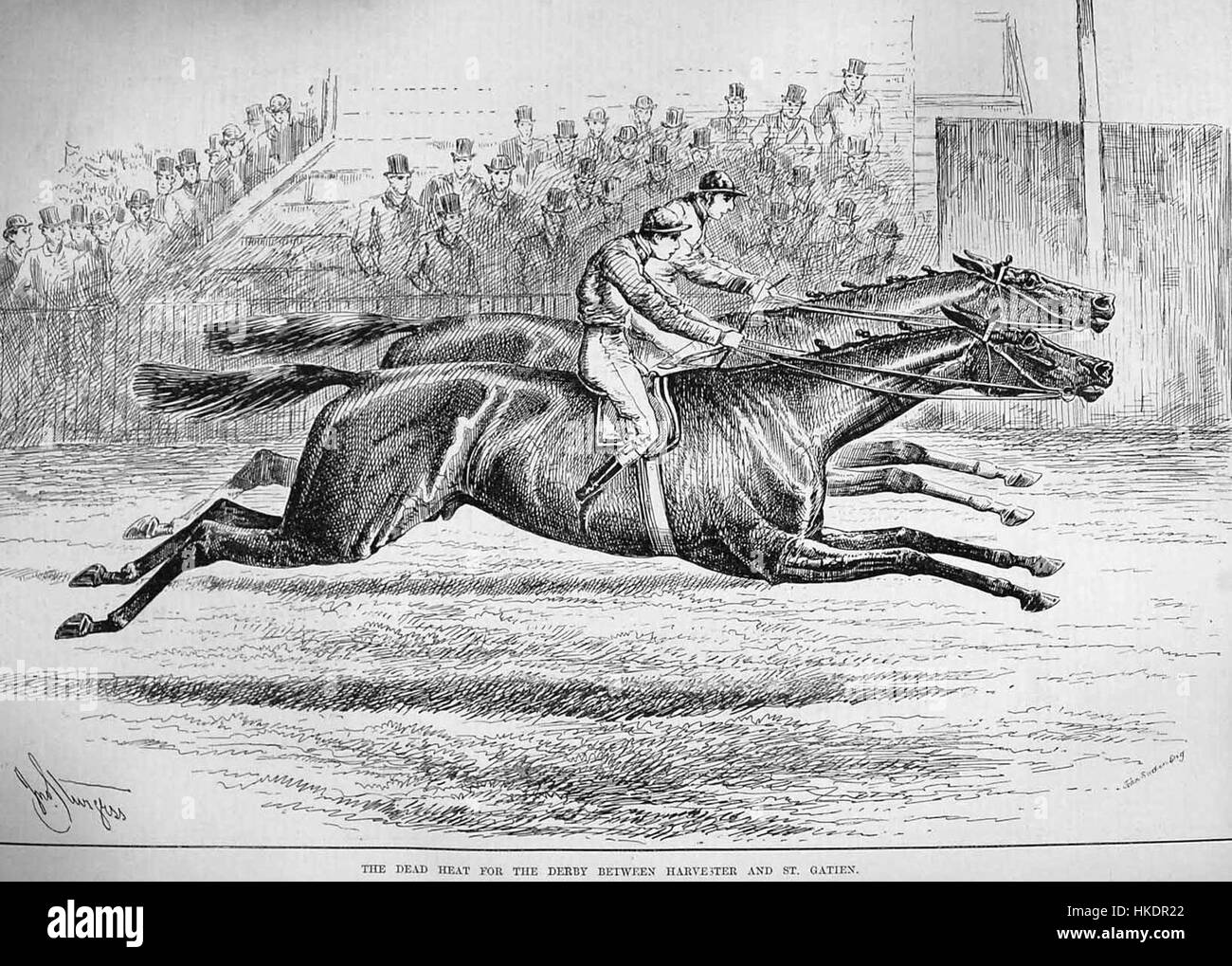 Le tableau de Derby de 1884 représente l'emblématique course de chevaux britannique, l'une des plus anciennes et des plus prestigieuses au monde. L'œuvre capture l'excitation et la grandeur de l'événement, célébrant son importance historique. Banque D'Images