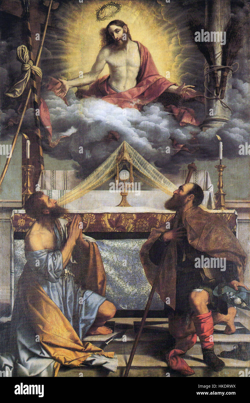 Cristo eucaristico tra i santi Andrea e Rocco Banque D'Images