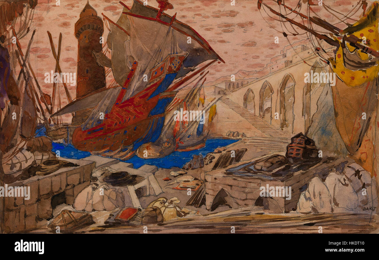 La Pisanella de L. Bakst est un croquis de costumes qui présente une figure traditionnelle du folklore italien, capturant l'essence du personnage à travers des couleurs vives et des détails complexes. La pièce fait partie de l'exploration des costumes de théâtre par Bakst au début du XXe siècle. Banque D'Images