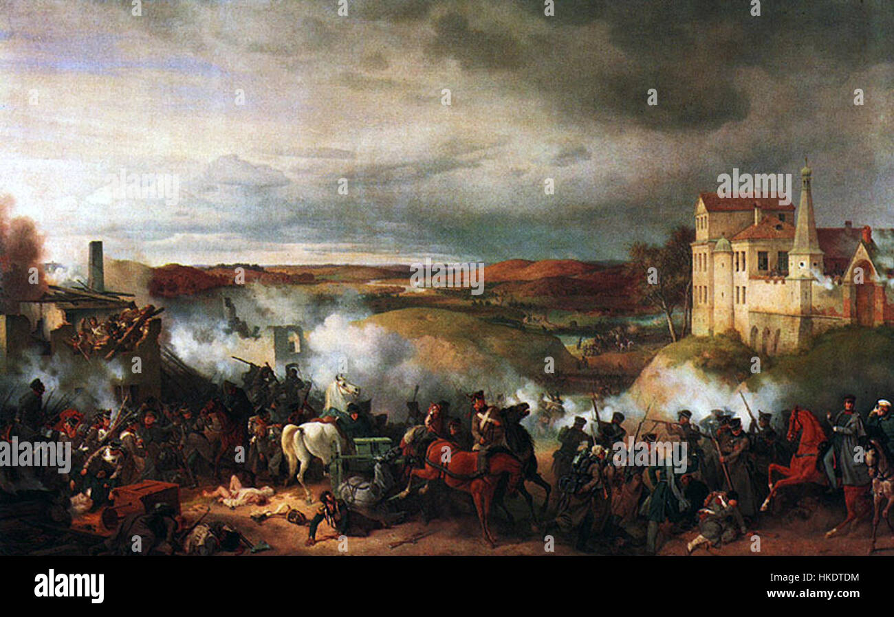 Cette peinture du XIXe siècle de Hess capture la ville historique russe de Maloyaroslavets pendant les guerres napoléoniennes. L’œuvre d’art décrit le rôle de la ville dans le conflit, mettant en valeur son paysage et les conséquences des batailles. Banque D'Images