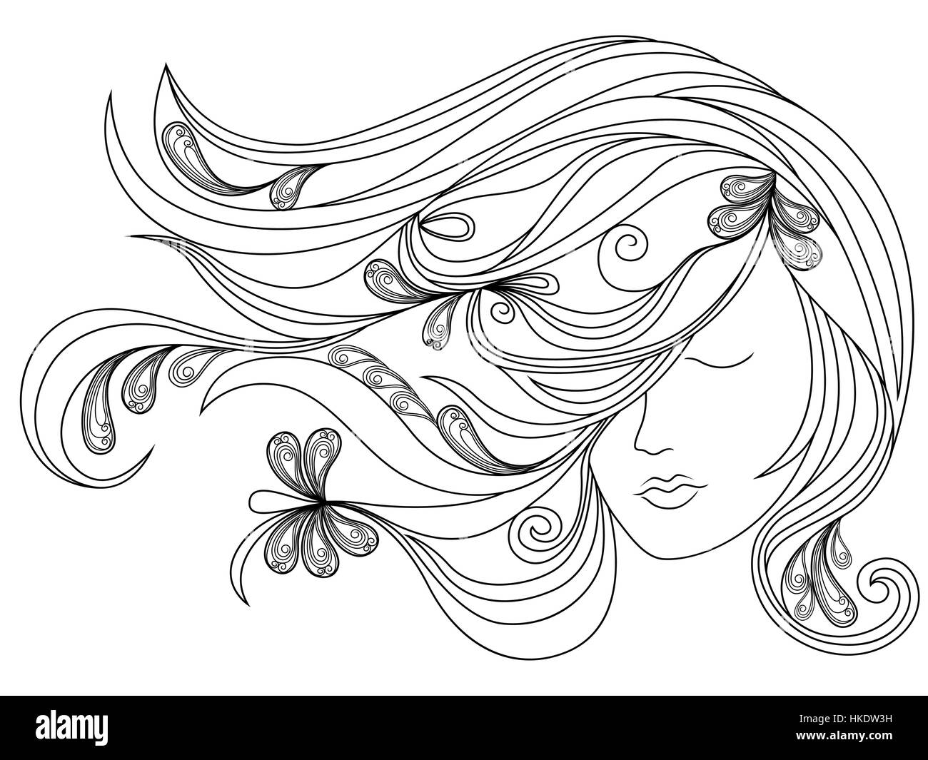 Belle tête féminine avec de longs longs cheveux orné, contours vectoriels Illustration de Vecteur