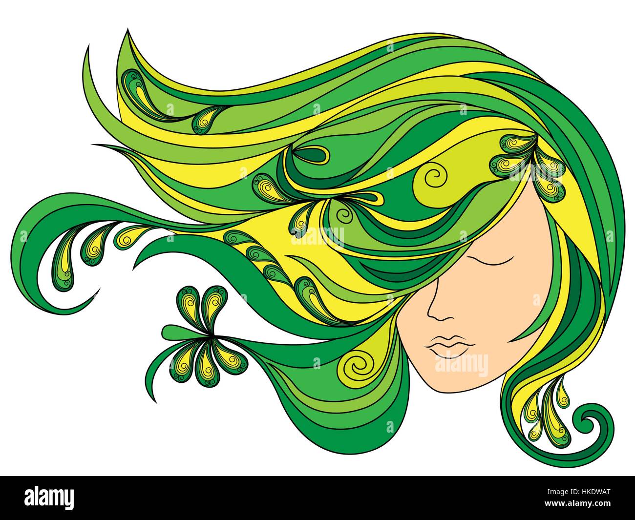 Belle tête féminine avec de longs cheveux verts qui ornaient, vector illustration Illustration de Vecteur