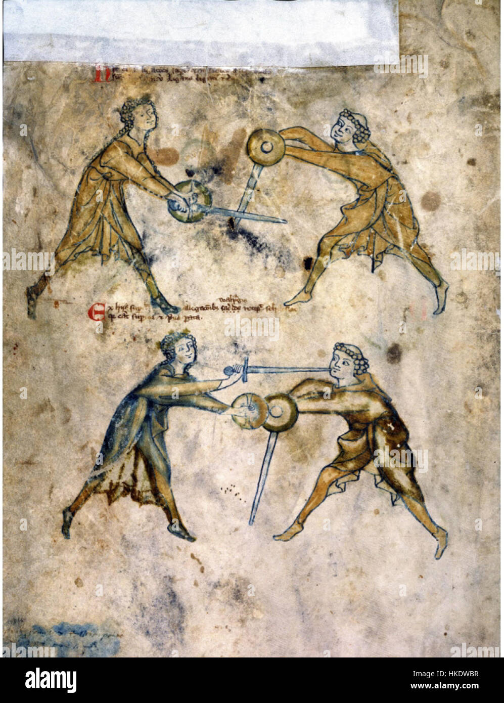 Cette illustration manuscrite de 'MS I33' représente des techniques de combat à l'épée médiévales, illustrant une scène détaillée d'entraînement au combat dans le cadre de la tradition des arts martiaux de l'époque. Banque D'Images