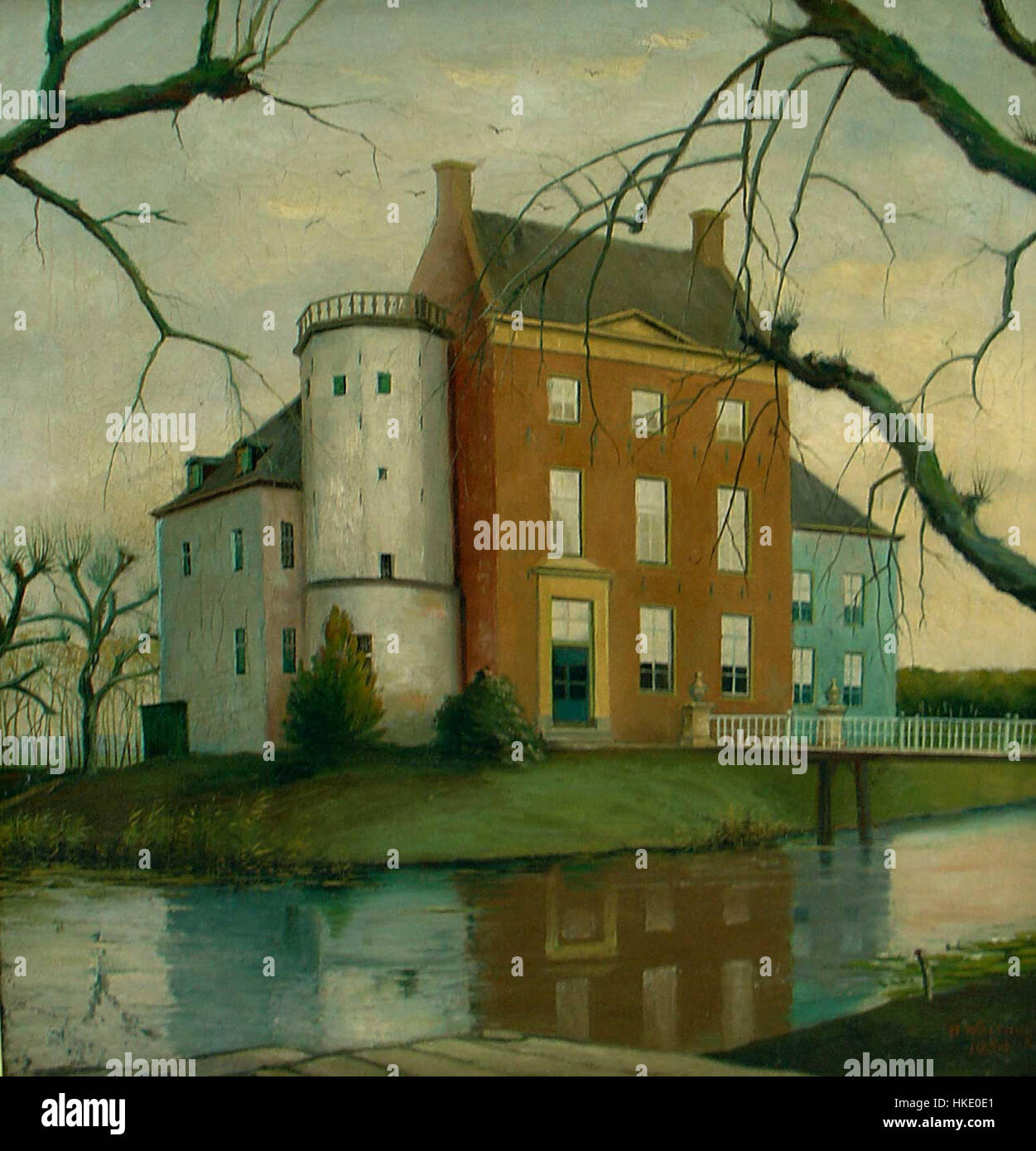 Dijksterhuis borg est un domaine historique situé à Groningen, aux pays-Bas. Cette peinture capture la grandeur du borg, un exemple éminent de l'architecture néerlandaise, mettant en valeur son design classique et le paysage environnant. Le domaine date du XVIIe siècle et reste un symbole de l'histoire régionale et du patrimoine culturel. Banque D'Images