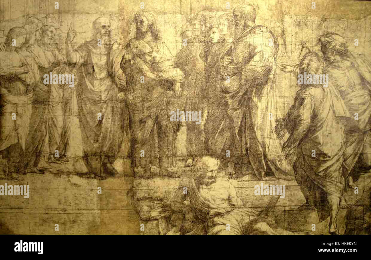 Le 'Cartone di Raffaello all'Ambrosiana 02' est un dessin préparatoire du célèbre artiste de la Renaissance Raphaël. Il représente une scène religieuse, créée dans le cadre d'une série d'œuvres pour la bibliothèque Ambrosiana de Milan. Cette pièce met en valeur la maîtrise de la composition de Raphaël et sa capacité à transmettre l'émotion à travers les figures. Banque D'Images