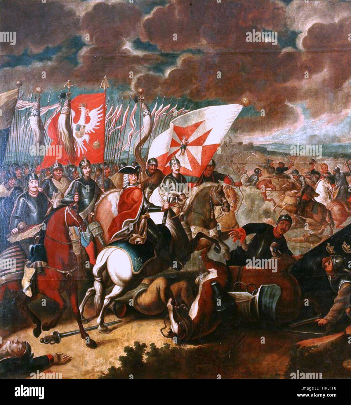 Ce tableau historique représente la bataille de Kalisz, livrée en 1706 entre les forces suédoises et le Commonwealth polono-lituanien pendant la Grande Guerre du Nord. L’œuvre reflète la nature chaotique et brutale du conflit. Banque D'Images