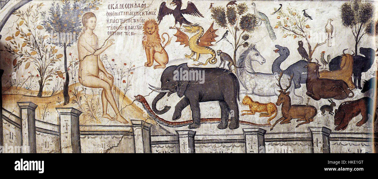 La peinture de Moni Ayou Nikolaou, Adam Naming Animals, présente une scène biblique de la Genèse, montrant Adam nommant des animaux dans un cadre naturel, soulignant l'harmonie entre l'humanité et la nature. Banque D'Images