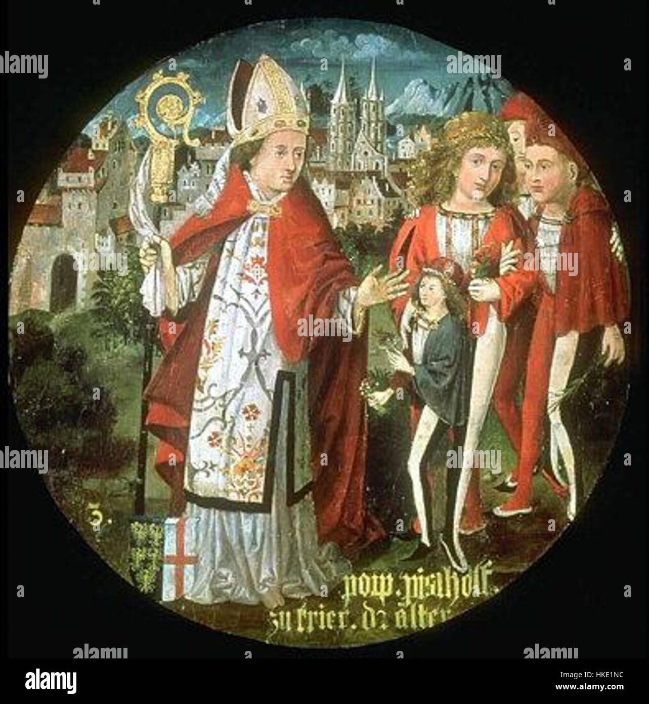 Ce portrait de l'évêque Poppo von Trèves, peint à l'époque médiévale, représente l'évêque influent qui a servi l'archevêché de Trèves au XIe siècle. Le tableau capture sa signification religieuse et le caractère austère de son rôle dans l'église. Banque D'Images