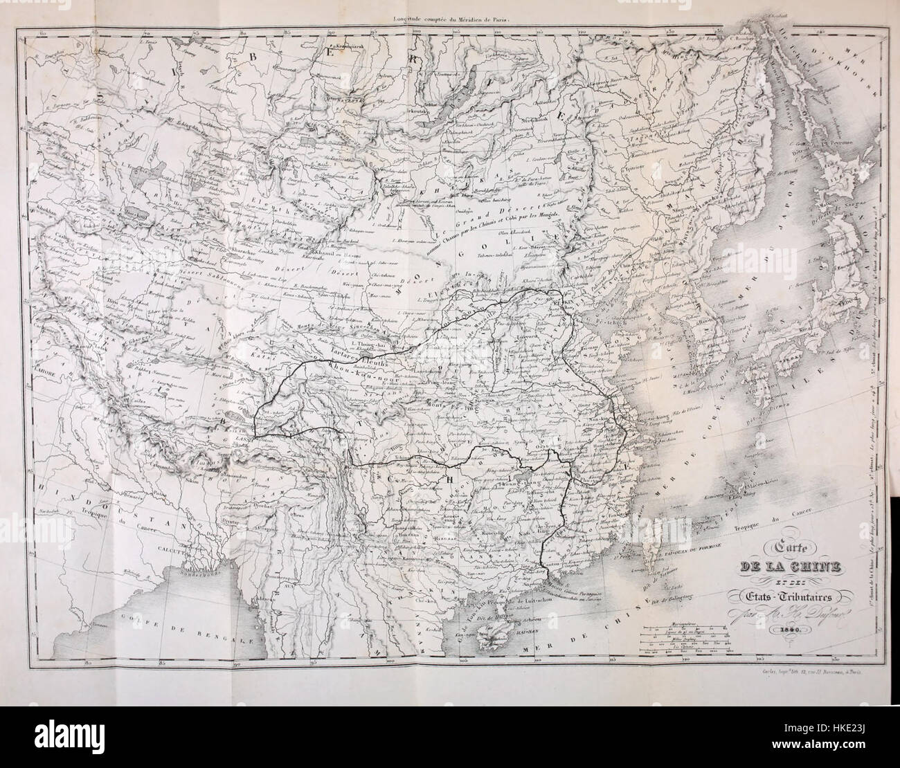 Une illustration ou une carte du travail de voyage d'Evariste Huc, détaillant éventuellement son voyage ou son exploration, reflétant ses expériences dans les régions qu'il a explorées. Les contributions de Huc à la littérature de voyage sont importantes dans l'exploration du XIXe siècle. Banque D'Images