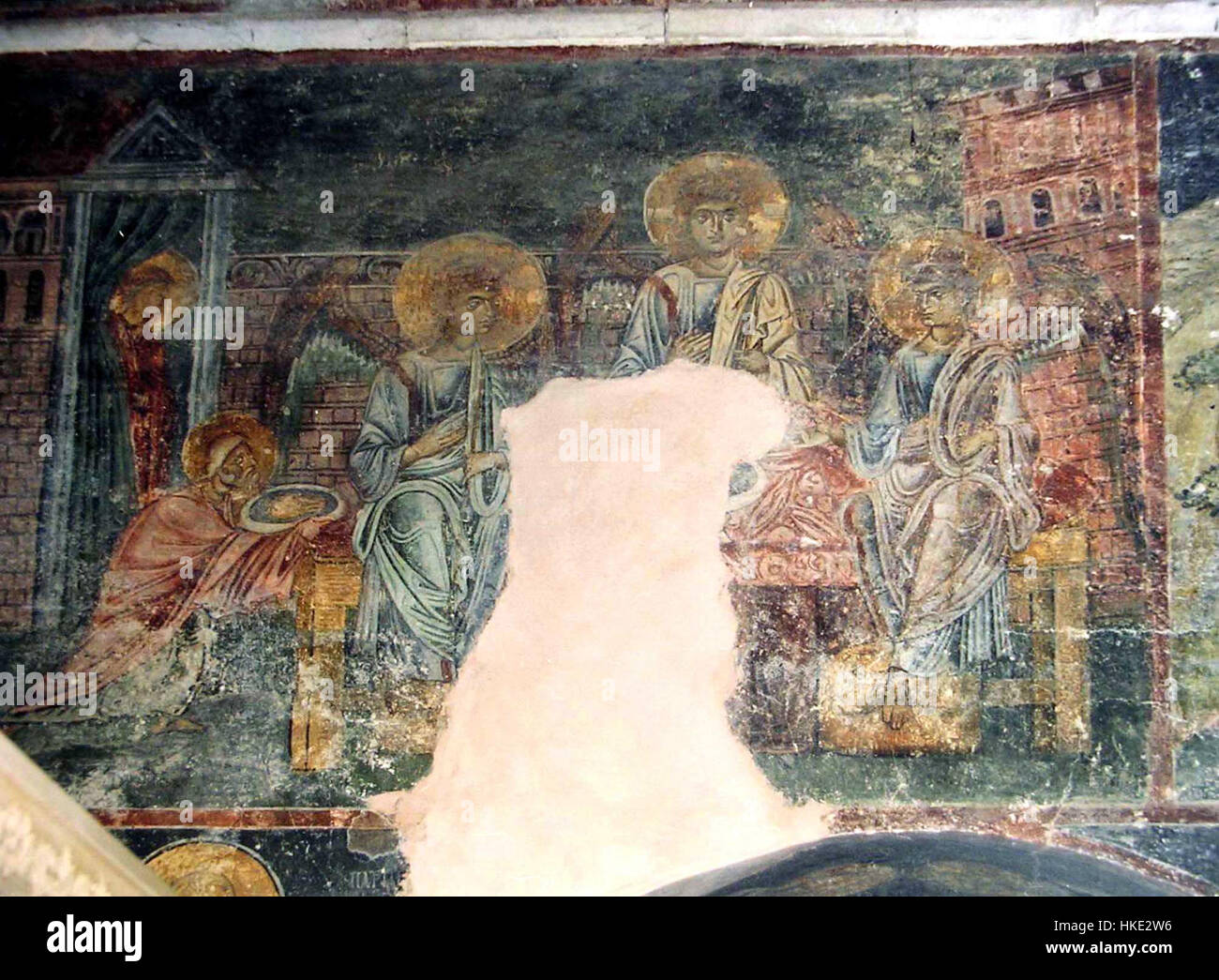 Ces fresques de l’église Sophia d’Ohrid, Macédoine, représentent des scènes bibliques avec des détails exceptionnels et des couleurs vives, mettant en valeur le style byzantin de l’art prévalant lors de la construction de l’église au XIe siècle. Banque D'Images