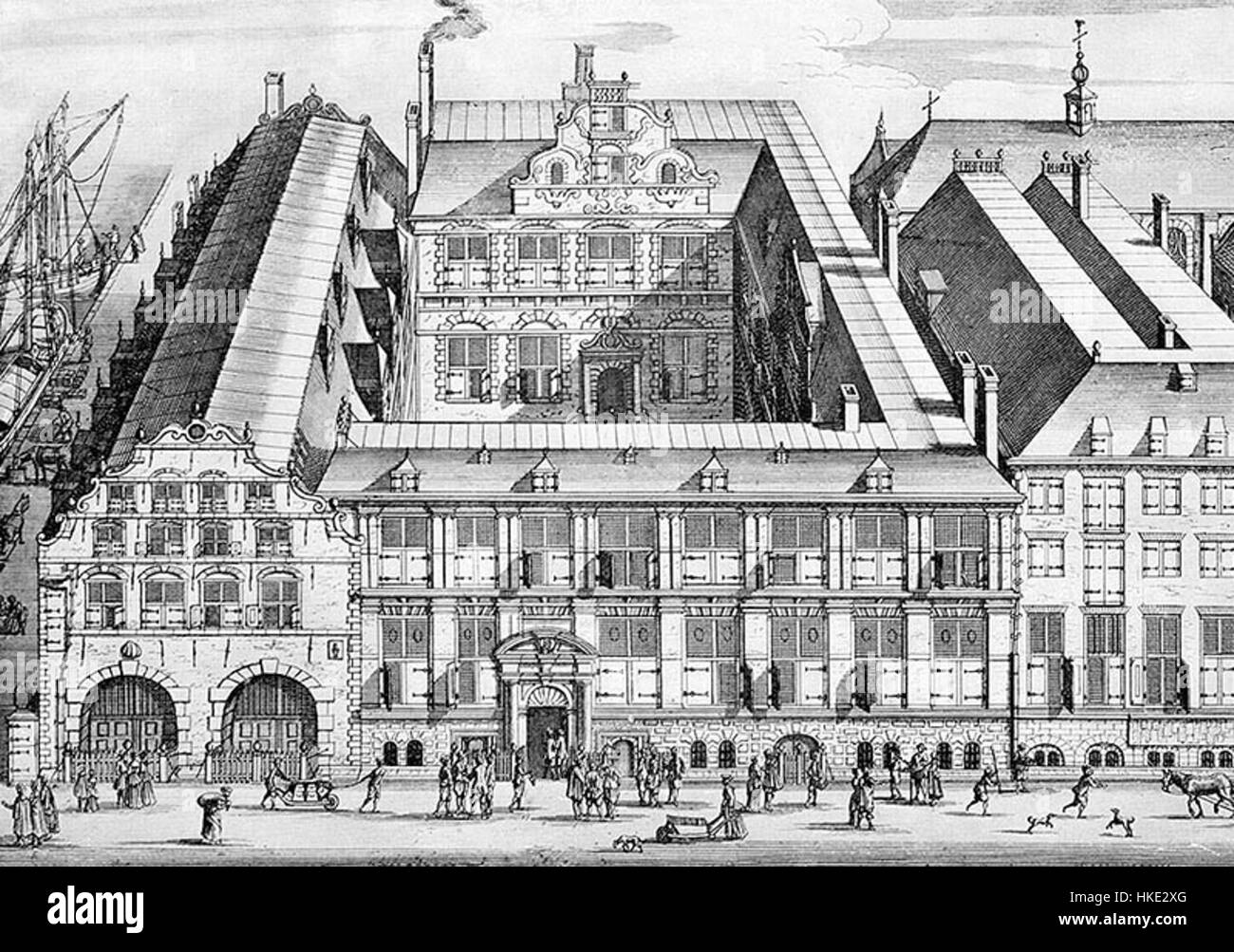 Cette gravure du XVIIe siècle représente l'Oost Indisch huis à Amsterdam, un bâtiment clé dans l'histoire de la Compagnie néerlandaise des Indes orientales, reflétant la puissance économique et politique de l'âge d'or néerlandais. Banque D'Images
