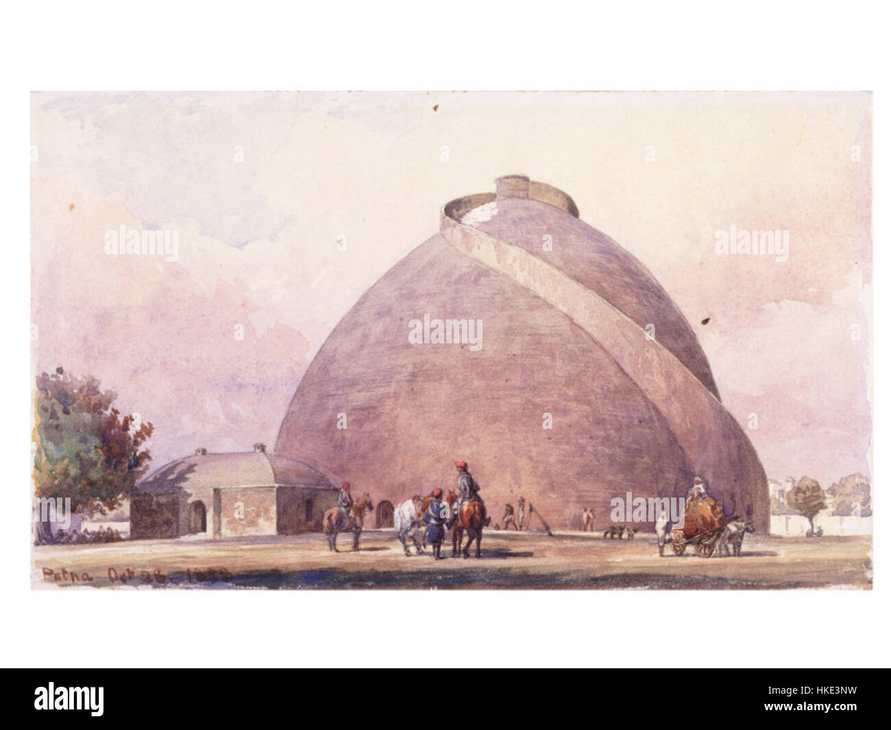 Cette œuvre de 1888 représente Golghar à Patna, un site historique emblématique. La peinture illustre son architecture unique et son importance culturelle en tant que point de repère dans l'histoire indienne. Banque D'Images