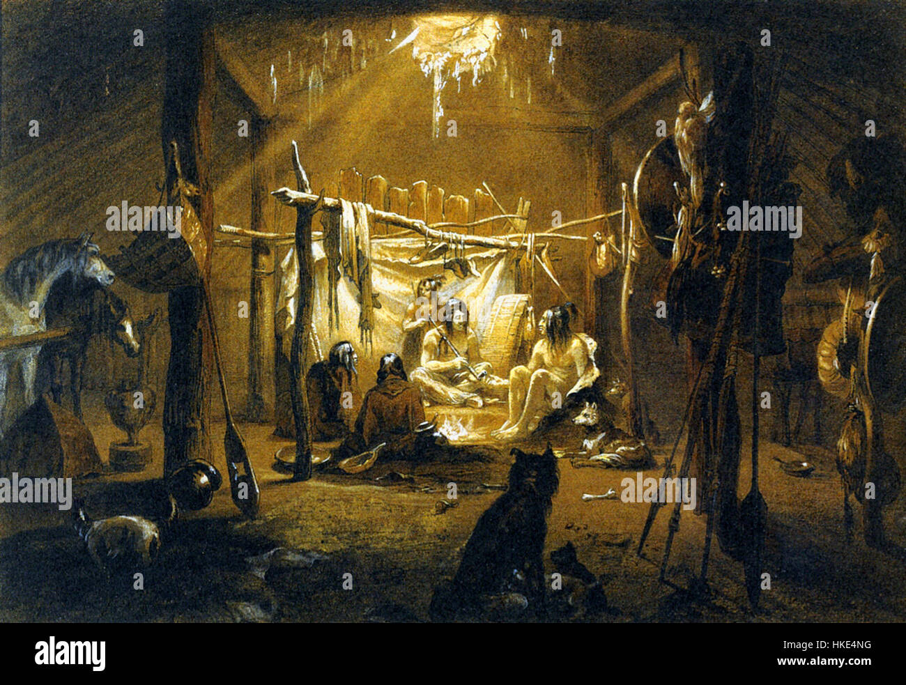 Intérieur de la hutte d'un chef mandan, technique mixte par Karl Bodmer Banque D'Images