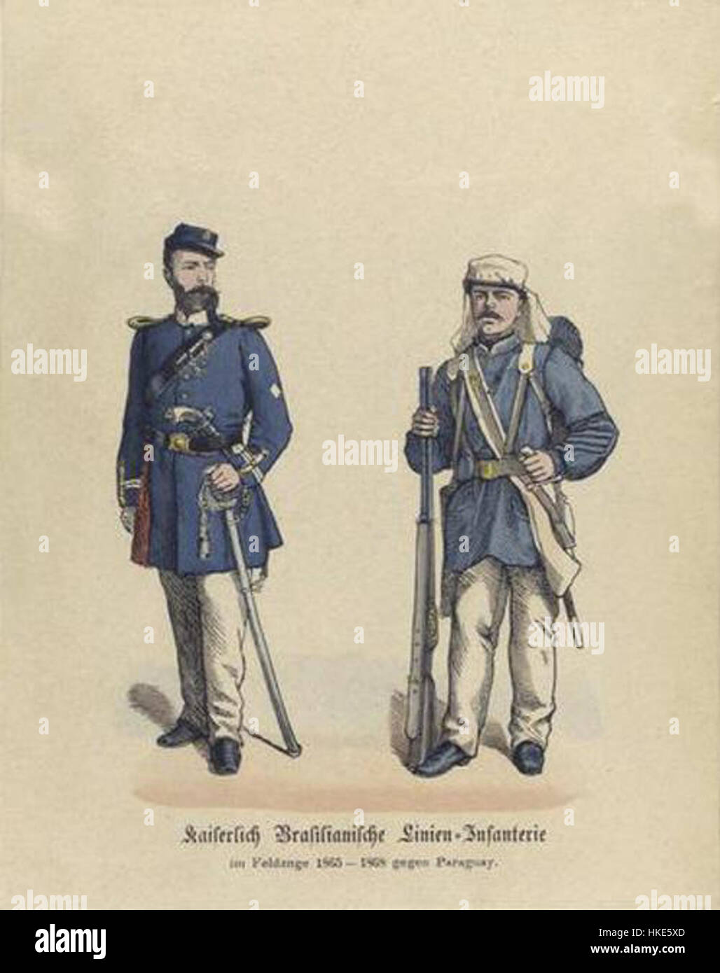 Cette peinture historique illustre la guerre du Paraguay (1864-1870), représentant un fonctionnaire et un soldat. L'œuvre capture l'atmosphère militaire tendue et l'expérience personnelle du conflit en Amérique du Sud. Banque D'Images