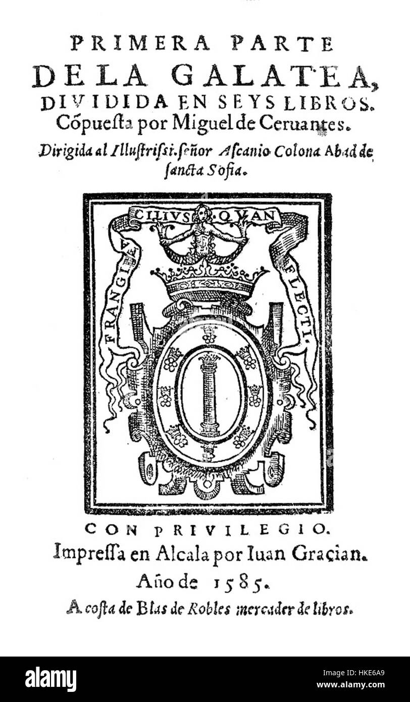 La page de titre de la première édition de 'la Galatea' présente une typographie élégante et un design artistique. Cette première édition du roman de Cervantes marque le début de son héritage littéraire. Banque D'Images