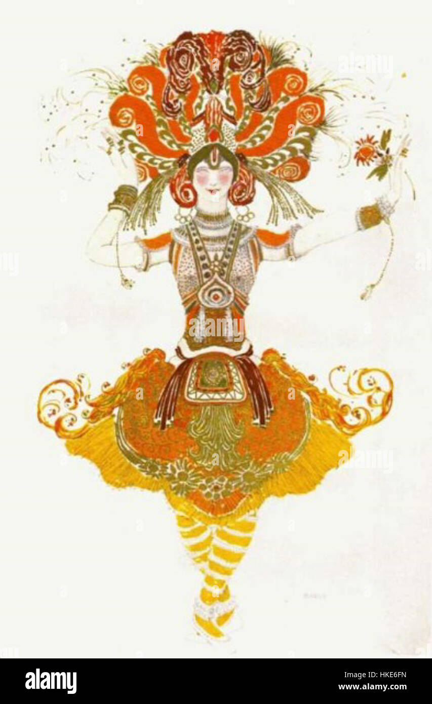 Ce costume pour le ballet *L'oiseau de feu* (L'oiseau de feu) a été créé pour la danseuse Tamara Karsavina, mettant en valeur une représentation vibrante et complexe du personnage mythique de l'oiseau de feu. Banque D'Images