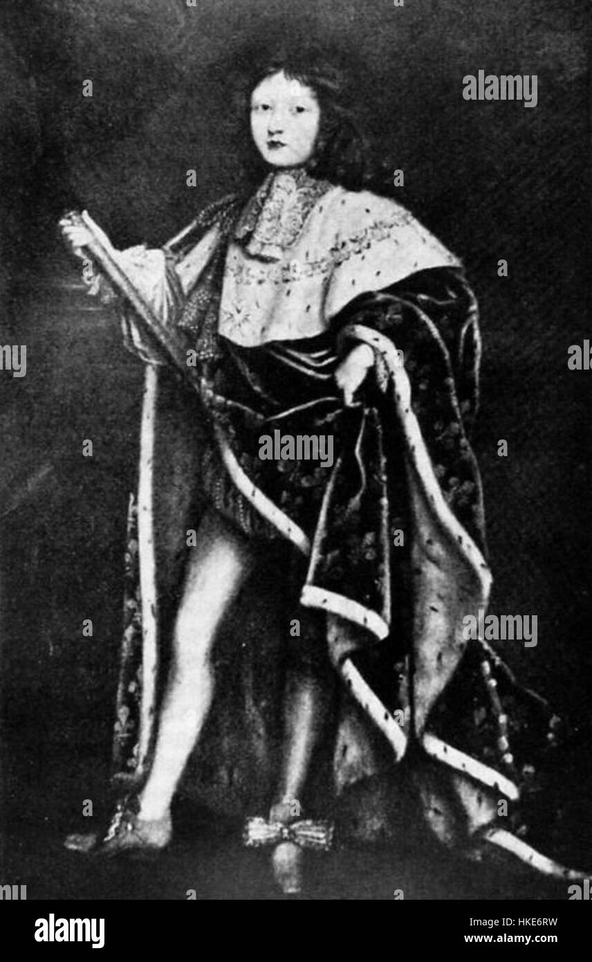 Cette œuvre représente Louis XIV de France, connu sous le nom de Roi Soleil, dans un portrait royal mettant en valeur sa grandeur et sa puissance absolue. Le tableau capture l'opulence de la monarchie française pendant son règne. Banque D'Images