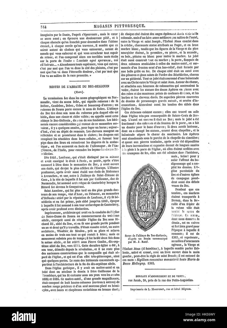 Cette illustration de 1850 tirée de « le magasin pittoresque » capture une scène pittoresque typique de l'époque, offrant un aperçu des styles artistiques et culturels de la France du milieu du XIXe siècle. La pièce met en valeur des éléments historiques et esthétiques de l’époque. Banque D'Images