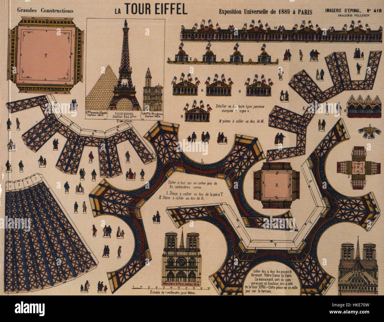 L’estampe de l’imagerie d’Épinal n° 418 représente la Tour Eiffel, symbolisant son statut emblématique dans la culture française. L'œuvre met en valeur la grandeur et la réalisation architecturale de la Tour Eiffel, l'un des monuments les plus reconnaissables au monde. Banque D'Images