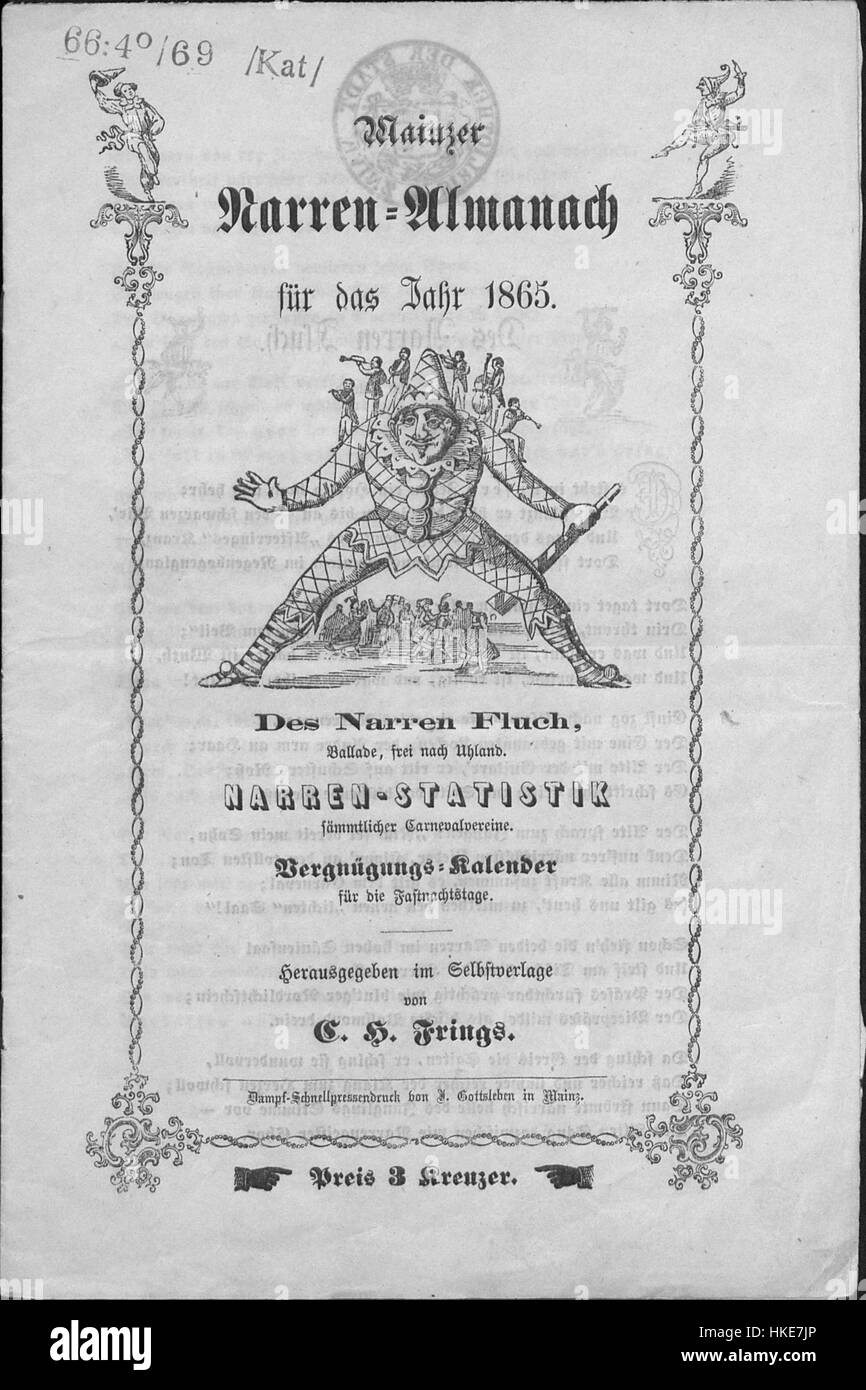 Le Mainzer Narren Almanach de 1865 est une publication de carnaval allemande présentant un contenu satirique, de la poésie et des illustrations reflétant les traditions culturelles et festives de Mayence du XIXe siècle. Banque D'Images